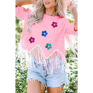 Sequin Flower Round Neck Half Sleeve T-Shirt